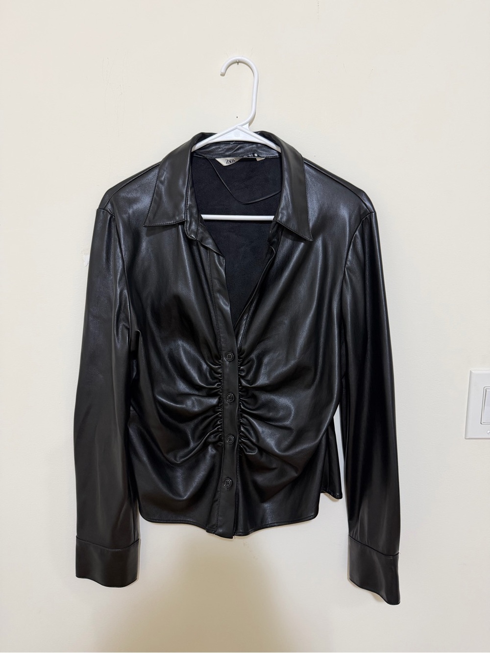 Zara Black Faux Leather Ruched Button-Front Jacket
